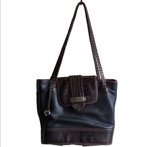 Vintage Brighton Caroline black brown leather shoulder bucket bag buckle